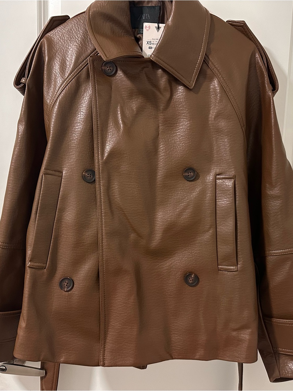 Zara Brown Double-Breasted Faux Leather Peacoat